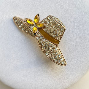 Vintage Monet Gold Tone Pin Crystals Enameled Summer Hat 1930s to 1950s Coquette